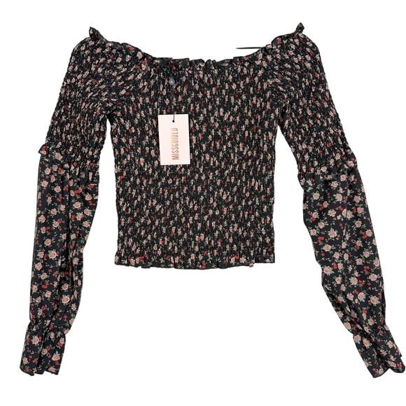 Missguided Tops - NWT Missguided Shirred Bardot Top Floral Off Shoulder LS Black - Size 6 US